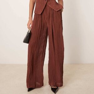 Sheer Satin Crinkle Wide Leg Pants in Chocolate